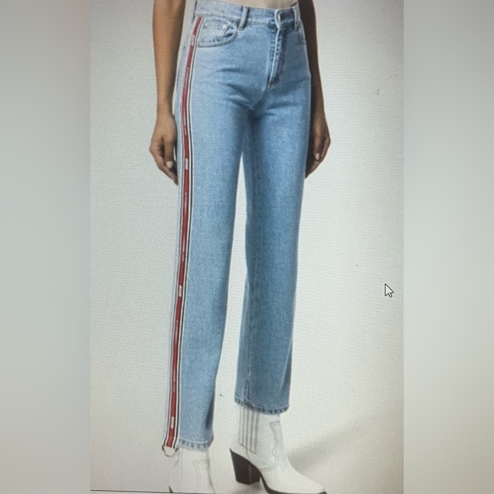 MSGM Womens Racer Stripe With Metal Loops at Ankle Straight Leg Jeans, Size 40
